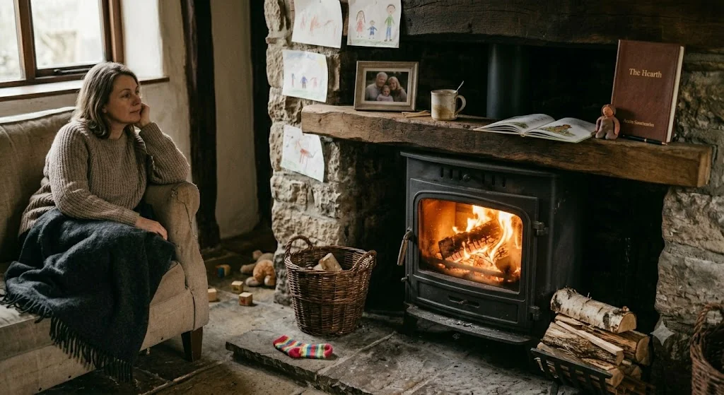 A parent sitting by the fire, kids' drawings on the wall, The Hearth book on the mantle