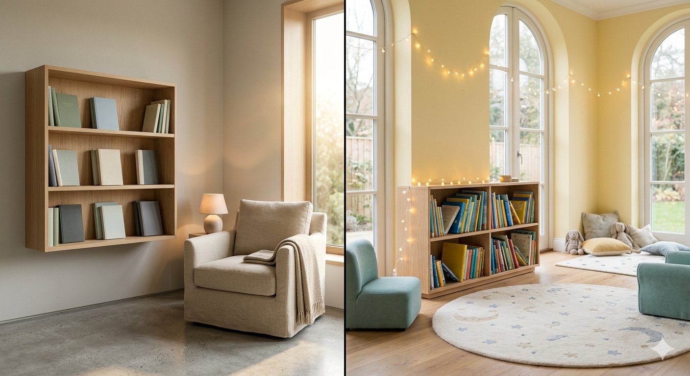 Two reading rooms — adults' quiet nook on the left, children's bright reading room on the right