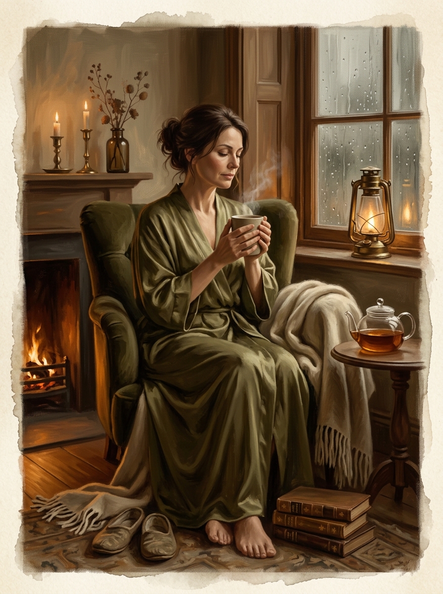 Watercolour painting of Grace — a woman seated in a deep sage-green velvet armchair beside a wooden window, holding a steaming teacup. Evening rain falls against the glass. A warm brass lantern, a glass teapot of amber tea, and a wool blanket draped across her lap. A fireplace glows behind her. Books and worn slippers rest on the wooden floor.