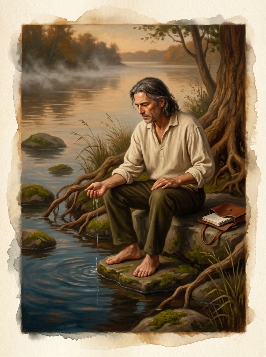 Watercolour painting of Sara — a woman seated beneath a great oak tree near a small wooden harbour, a moored rowboat resting at the jetty, with calm sea reaching to a golden-sunset horizon. The painting carries the spirit of generations and quiet welcome.