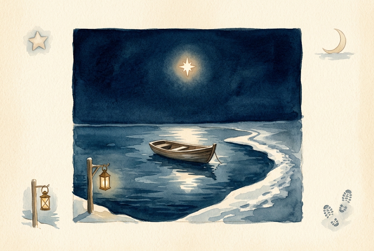 Watercolour painting of Sara's world — a great oak tree on warm earth, a small wooden harbour with a moored rowboat, a calm sea reaching to a golden-sunset horizon. Four small symbols rest in the corners: a nest in branches, a stone path, soft grasses, and a lantern on the harbour post.