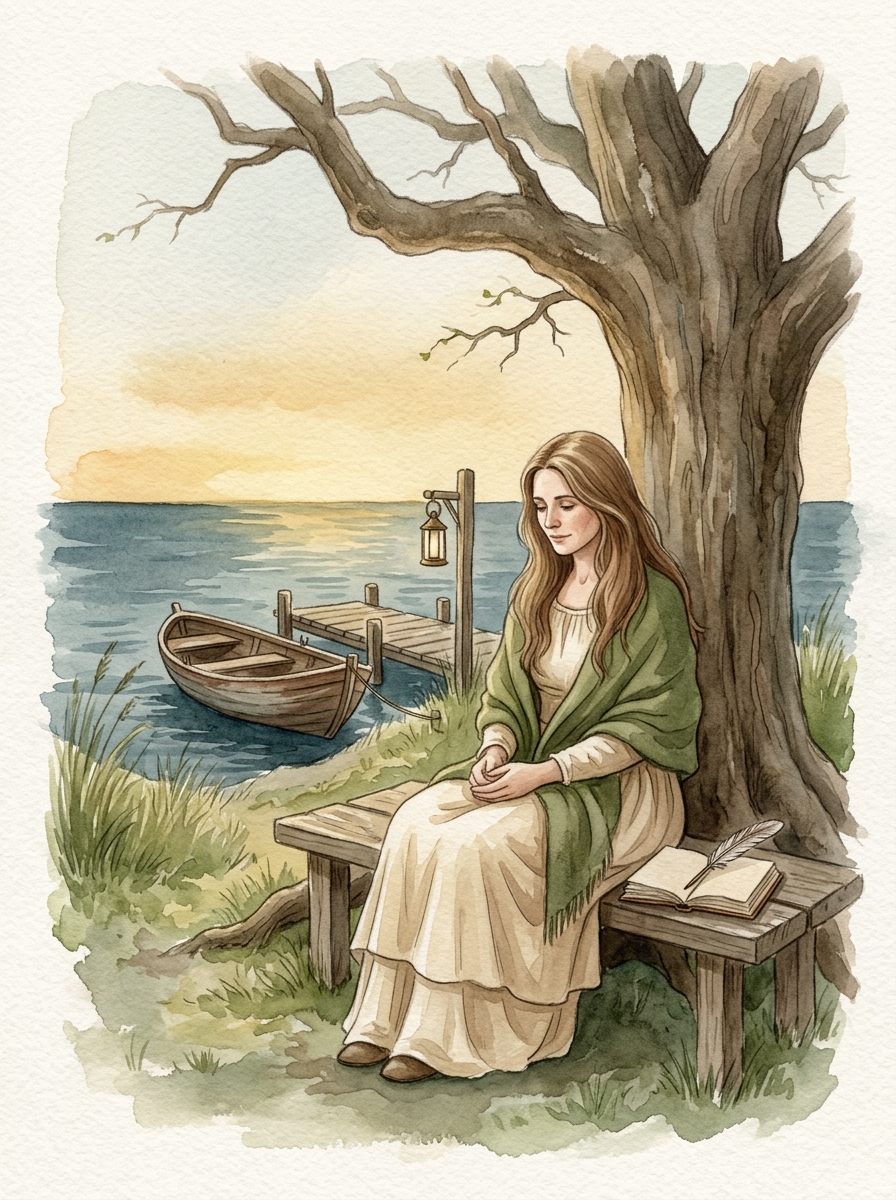 Watercolour painting of Sara — a woman seated beneath a great oak tree near a small wooden harbour, a moored rowboat resting at the jetty, with calm sea reaching to a golden-sunset horizon. The painting carries the spirit of generations and quiet welcome.